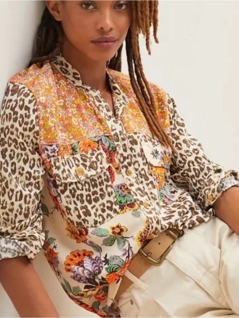 Pilcro Mix-Print Long-Sleeve Buttondown Shirt Brown & Orange Small